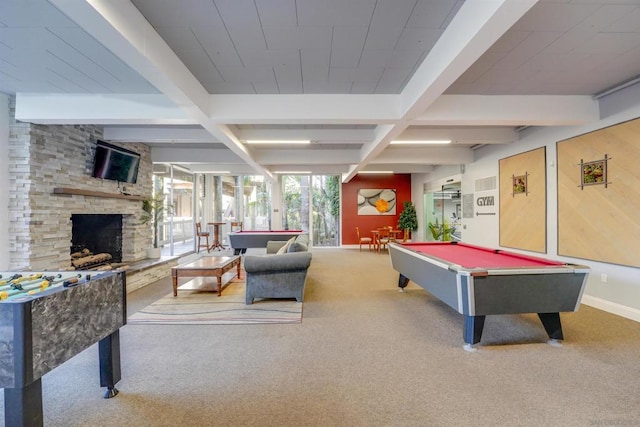 game room featuring carpet, pool table, beamed ceiling, and a fireplace