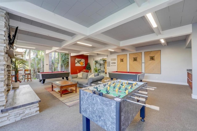 playroom featuring carpet flooring, beam ceiling, and billiards