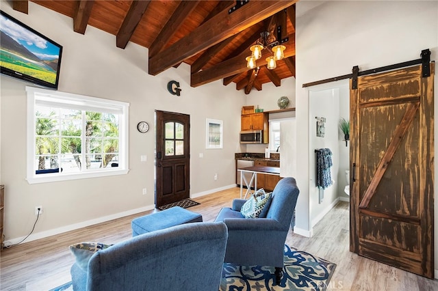 living room with beam ceiling, wooden ceiling, light hardwood / wood-style flooring, and a barn door