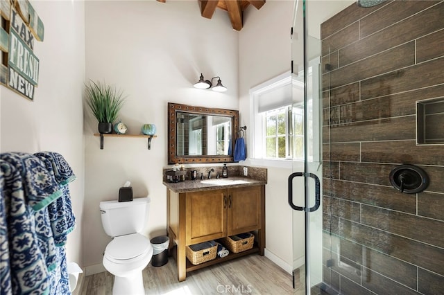 bathroom featuring toilet, an enclosed shower, vanity, and wood-type flooring