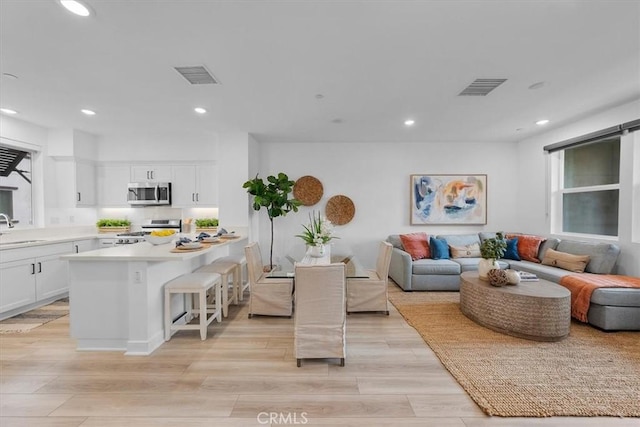 living room featuring sink and light hardwood / wood-style flooring