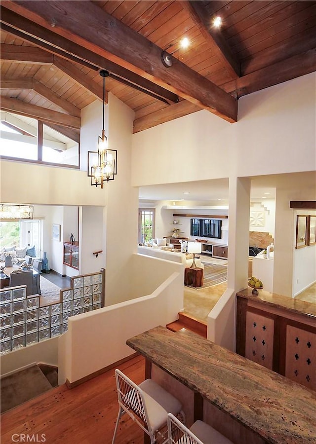 interior space with a healthy amount of sunlight, hardwood / wood-style floors, and wood ceiling