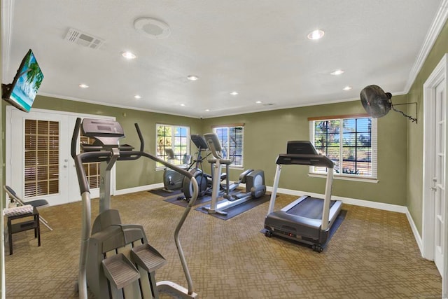 exercise area with crown molding and carpet