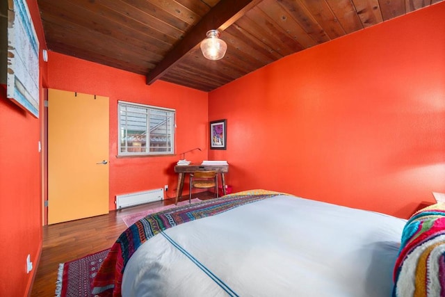 bedroom with vaulted ceiling with beams, wood ceiling, a baseboard heating unit, and dark wood-type flooring