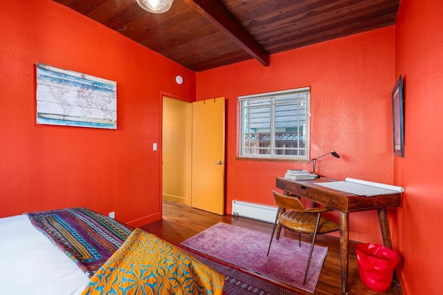 bedroom with wood ceiling, hardwood / wood-style flooring, beam ceiling, and baseboard heating