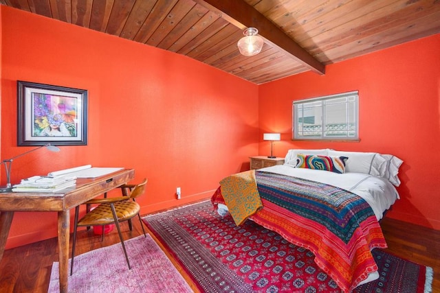 bedroom with wood ceiling, wood-type flooring, and beamed ceiling