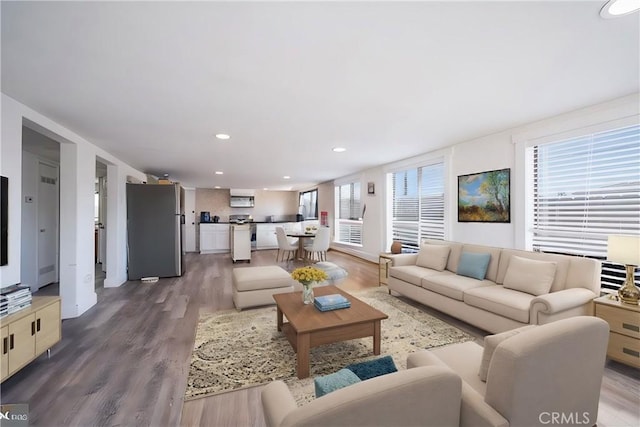 living area with wood finished floors and recessed lighting