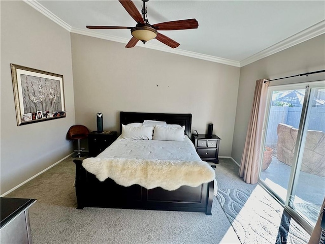 bedroom with ceiling fan, light colored carpet, crown molding, and access to outside