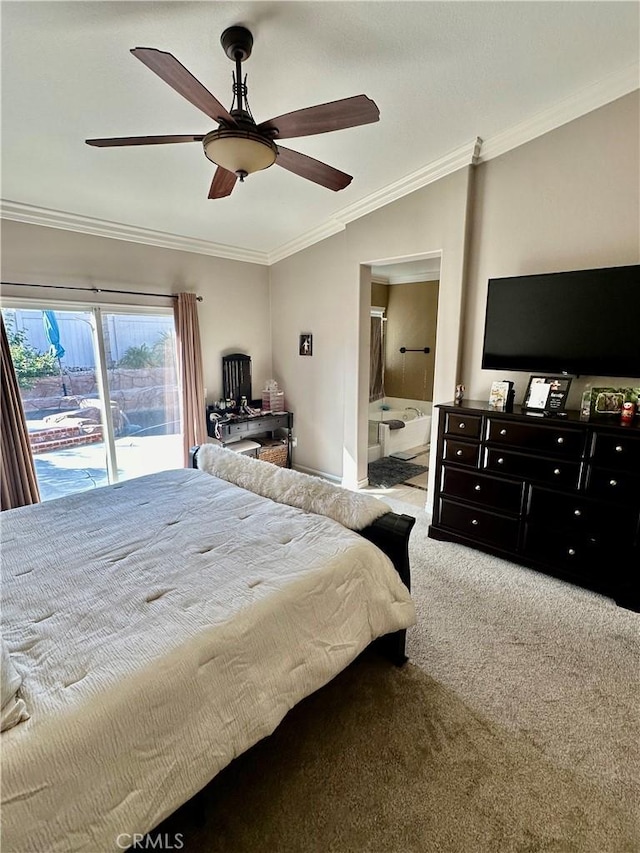 carpeted bedroom with connected bathroom, access to exterior, ceiling fan, crown molding, and vaulted ceiling