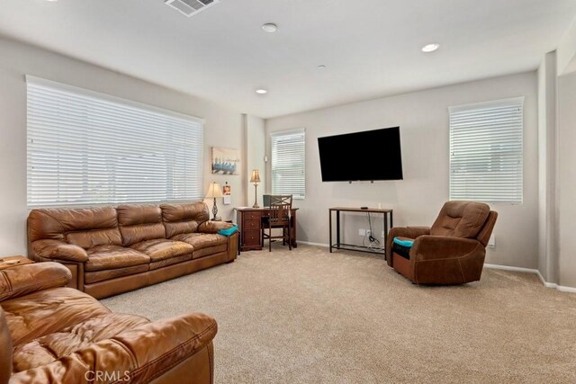 living room featuring light colored carpet and plenty of natural light