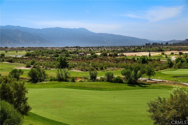 view of community with a lawn and a mountain view