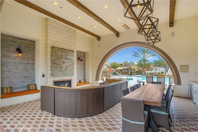 view of patio / terrace featuring an outdoor living space with a fireplace