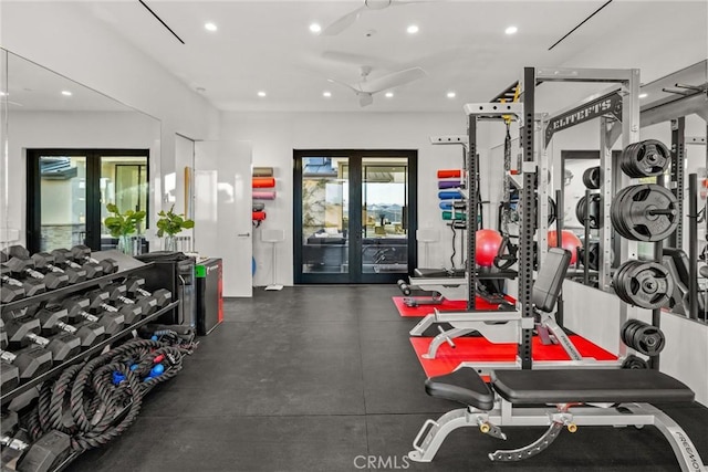 exercise room with french doors and ceiling fan