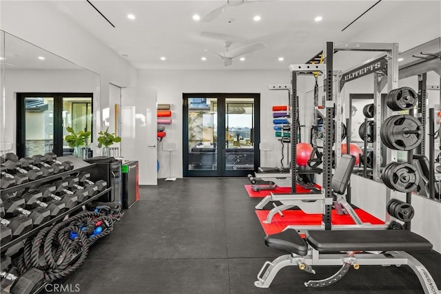 gym featuring ceiling fan, french doors, and recessed lighting