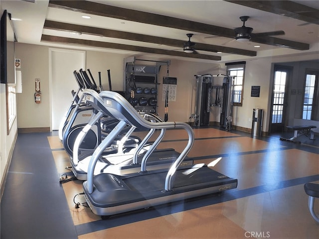 workout area with ceiling fan