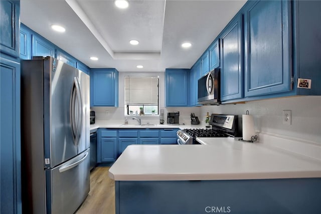 kitchen with blue cabinetry, stainless steel appliances, and kitchen peninsula