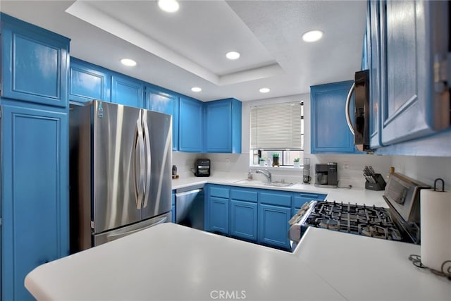 kitchen with blue cabinetry, sink, a tray ceiling, and stainless steel appliances