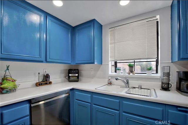 kitchen with sink, dishwasher, and blue cabinets