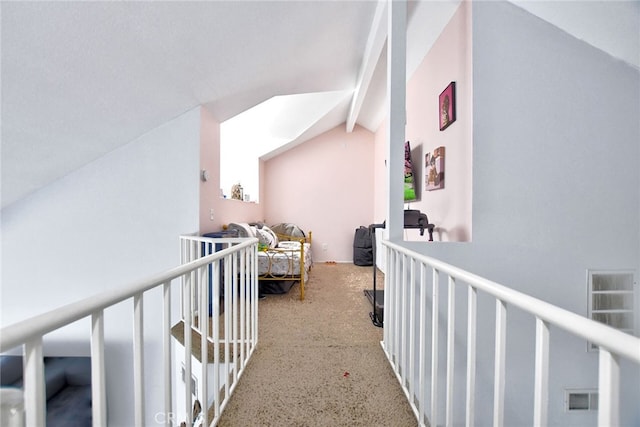 hallway with lofted ceiling with beams