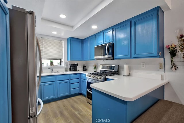 kitchen with light hardwood / wood-style flooring, kitchen peninsula, stainless steel appliances, a raised ceiling, and blue cabinetry