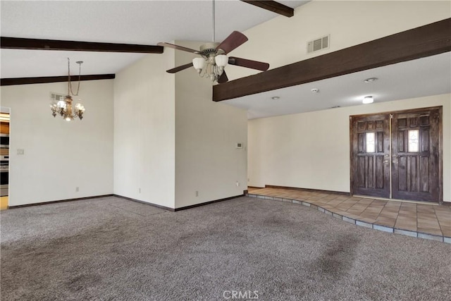 unfurnished living room featuring beamed ceiling, ceiling fan with notable chandelier, carpet floors, and high vaulted ceiling