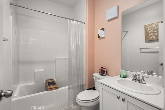 full bathroom with vanity, shower / bath combination with curtain, and toilet