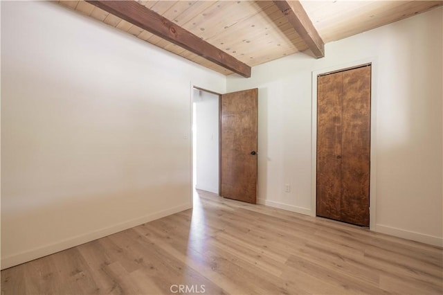 unfurnished room featuring light hardwood / wood-style floors, wood ceiling, and beam ceiling