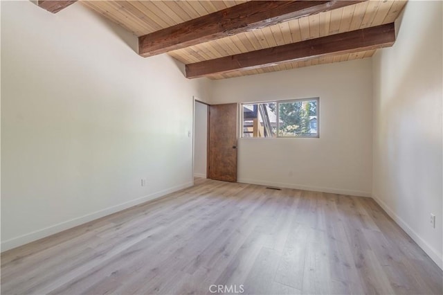 unfurnished room featuring light wood-type flooring, wood ceiling, baseboards, and beam ceiling