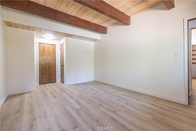 empty room featuring beam ceiling, wood ceiling, and light hardwood / wood-style floors