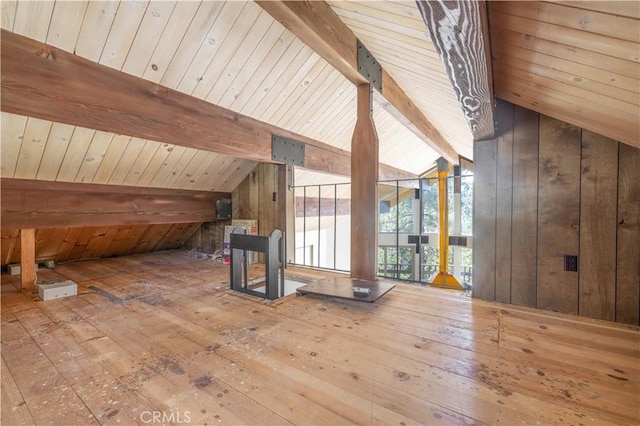 bonus room featuring wood walls, wooden ceiling, lofted ceiling with beams, and hardwood / wood-style flooring