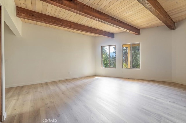 unfurnished room featuring light hardwood / wood-style flooring, beamed ceiling, and wood ceiling