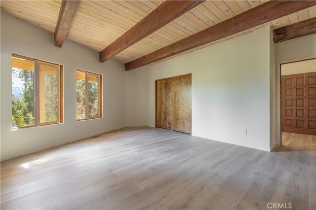 empty room with light hardwood / wood-style floors, wooden ceiling, and beam ceiling