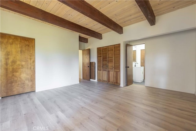 empty room with light hardwood / wood-style floors, wooden ceiling, and beam ceiling