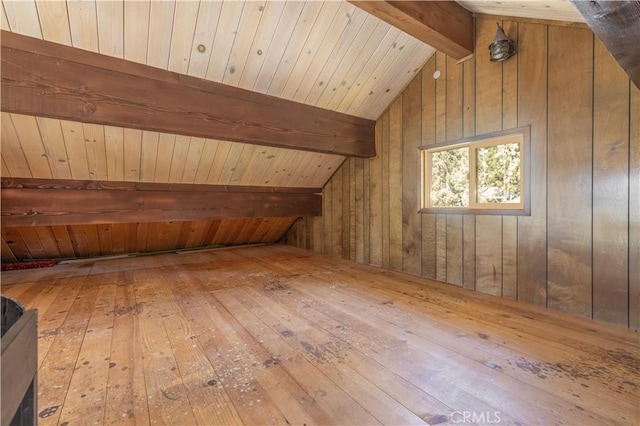 bonus room featuring wood-type flooring, vaulted ceiling with beams, wooden ceiling, and wood walls