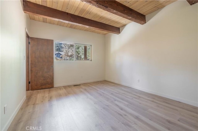 unfurnished room featuring beam ceiling, light hardwood / wood-style flooring, and wood ceiling