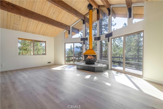 unfurnished living room featuring beam ceiling, wood-type flooring, and high vaulted ceiling