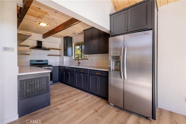 kitchen with light hardwood / wood-style floors, sink, wood ceiling, and stainless steel appliances