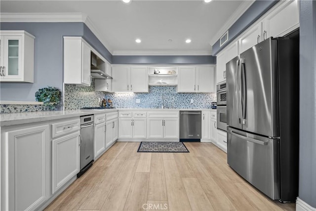 4344 Tradewinds Dr, Oxnard, CA 93035 - kitchen with stainless steel appliances, white cabinets, light wood-type flooring, open shelves, and light countertops