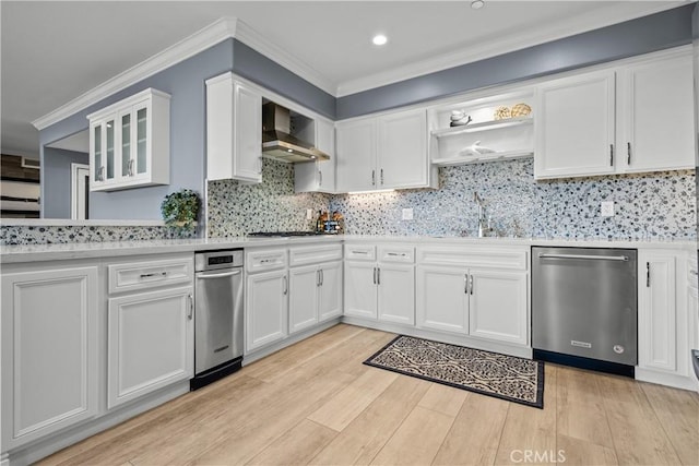 4344 Tradewinds Dr, Oxnard, CA 93035 - kitchen with dishwasher, wall chimney exhaust hood, light countertops, white cabinetry, and white cooktop