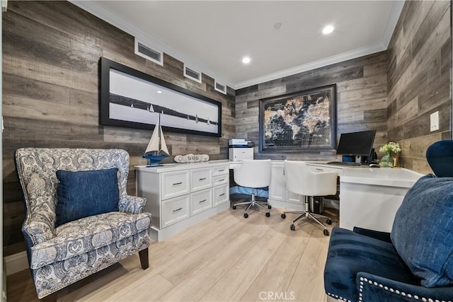 4344 Tradewinds Dr, Oxnard, CA 93035 - office area with built in desk, wooden walls, ornamental molding, light wood-style floors, and recessed lighting