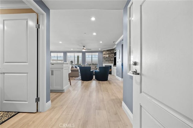 4344 Tradewinds Dr, Oxnard, CA 93035 - hall featuring recessed lighting, baseboards, light wood finished floors, and crown molding