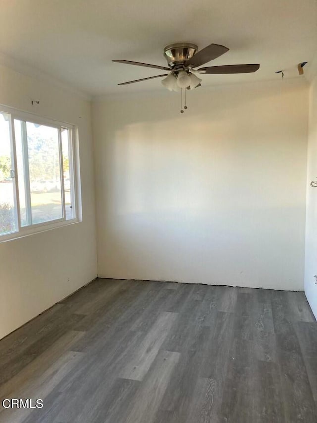 unfurnished room with ceiling fan and dark hardwood / wood-style flooring