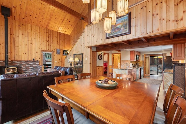 dining room with high vaulted ceiling, wooden ceiling, a wood stove, wooden walls, and beamed ceiling