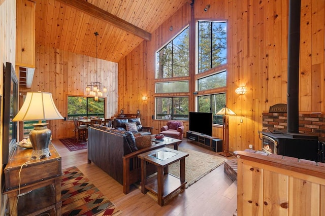 living room featuring plenty of natural light, wooden ceiling, beamed ceiling, and a wood stove