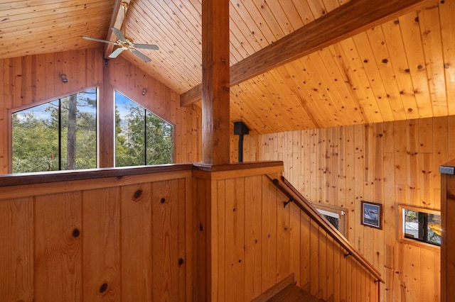 stairs with ceiling fan, lofted ceiling with beams, wooden ceiling, and wood walls