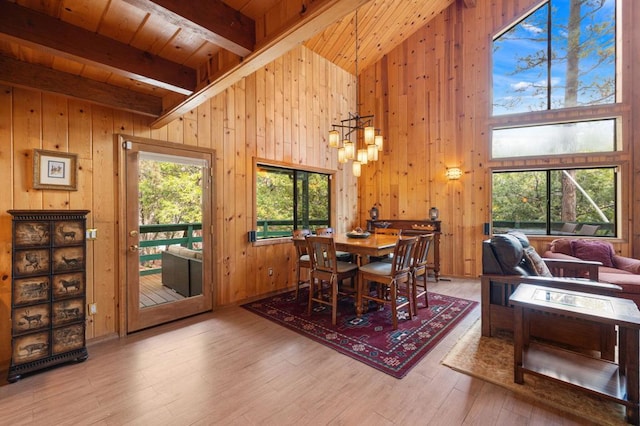 dining room featuring wood walls, wood ceiling, wood-type flooring, a chandelier, and beam ceiling