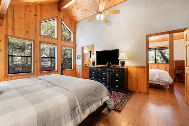 bedroom with multiple windows, wood ceiling, beam ceiling, and ceiling fan