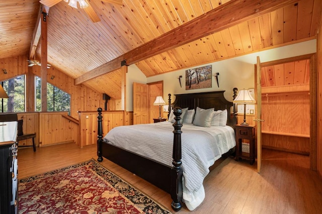 bedroom with wood ceiling, wood walls, and light wood-type flooring