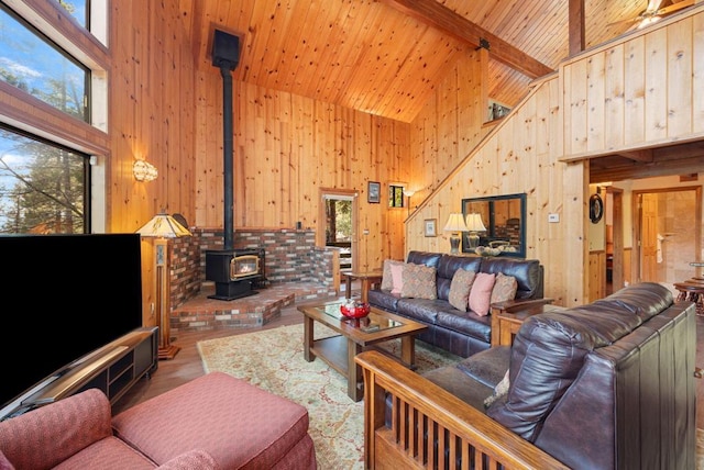 living room featuring wood ceiling, a wood stove, high vaulted ceiling, beamed ceiling, and wood walls