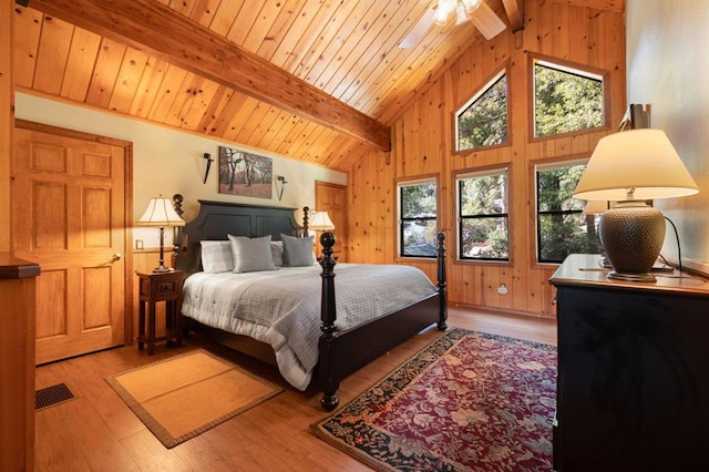 bedroom featuring lofted ceiling with beams, ceiling fan, light wood-type flooring, and wood ceiling